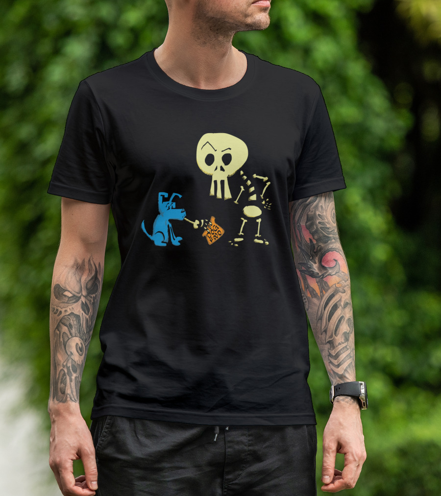 Blue And Bones Holding Fetch Dog Food With Blue Dog And Skeleton Cartoon T-Shirt