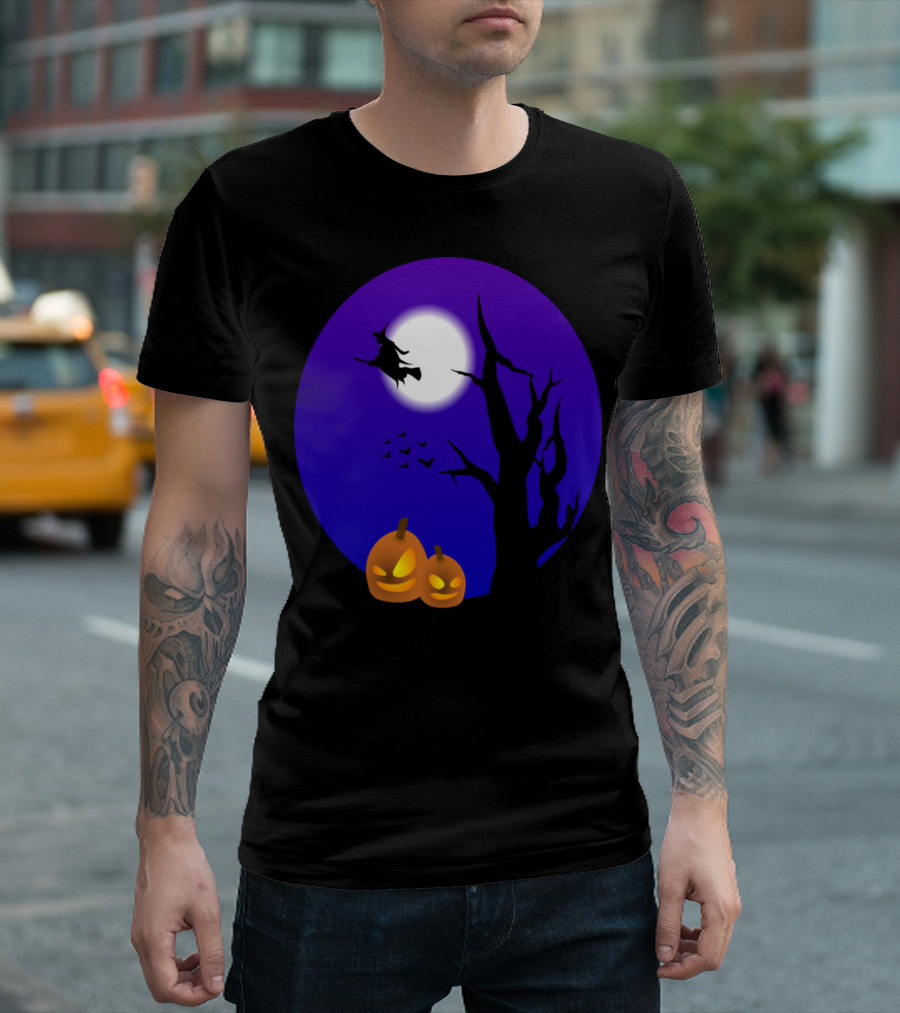Flying Witch And Pumpkins Halloween Night Scene T-Shirt