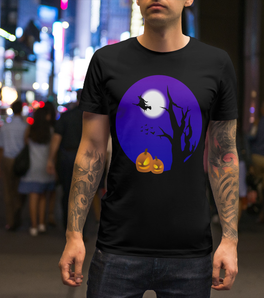 Flying Witch And Pumpkins Halloween Night Scene T-Shirt