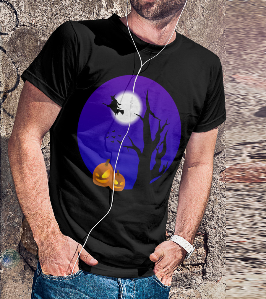 Flying Witch And Pumpkins Halloween Night Scene T-Shirt
