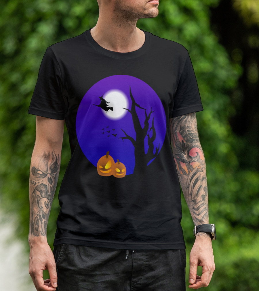 Flying Witch And Pumpkins Halloween Night Scene T-Shirt