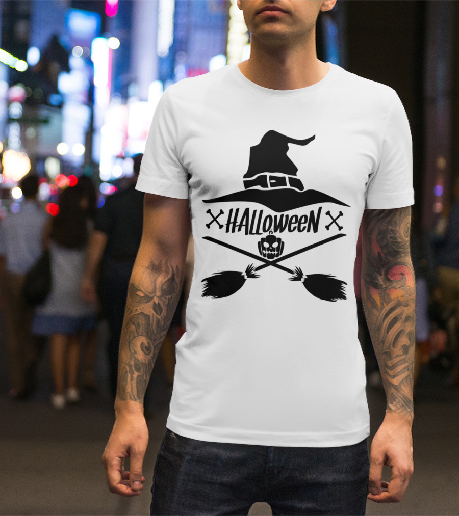 Halloween Funny Dad Guy Man Behind The Pumpkin Hat Brooms Crossbones T-Shirt