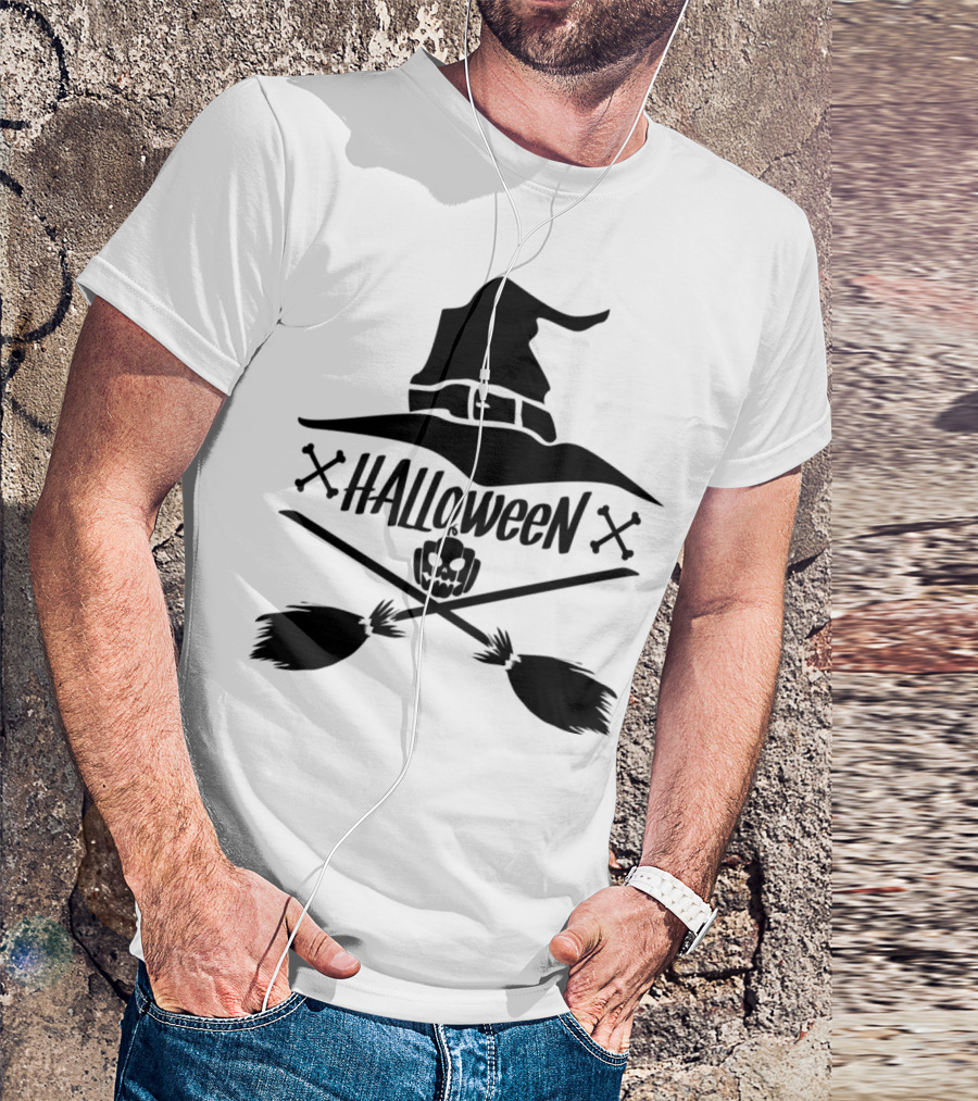 Halloween Funny Dad Guy Man Behind The Pumpkin Hat Brooms Crossbones T-Shirt
