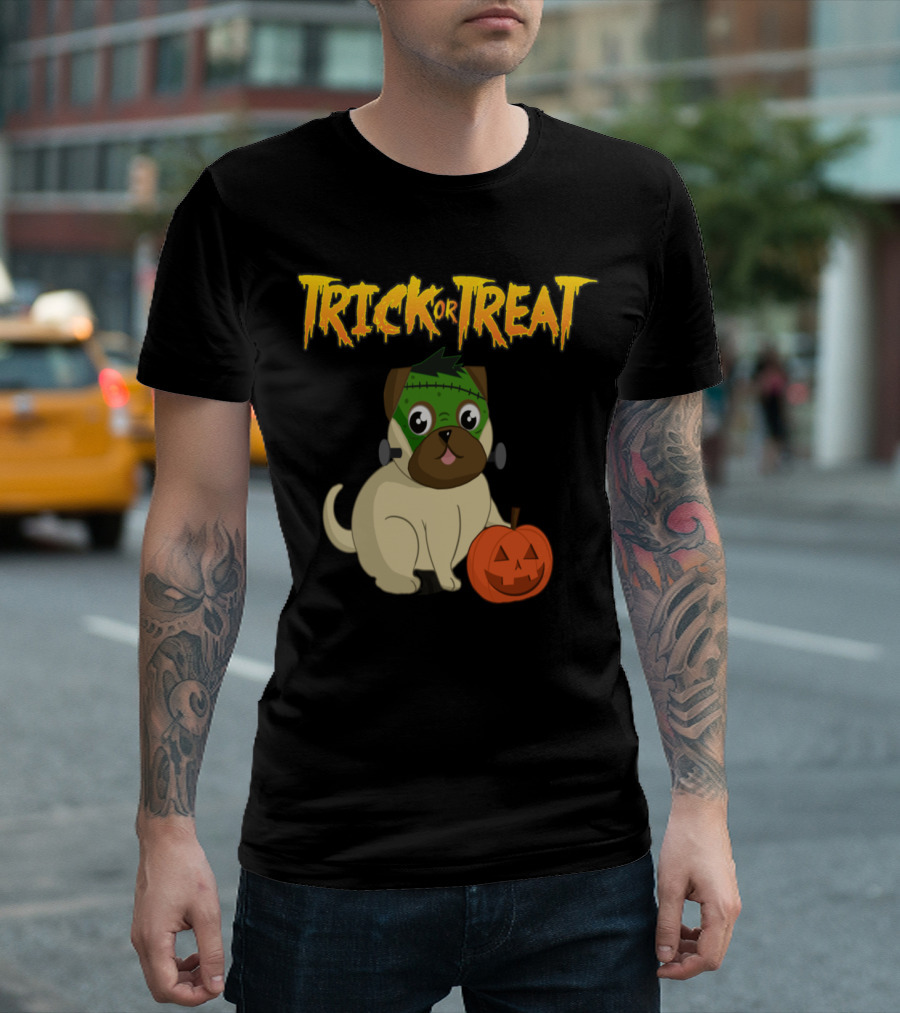 Trick or Treat Pug Halloween Dog with Pumpkin and Monster Costume T-Shirt