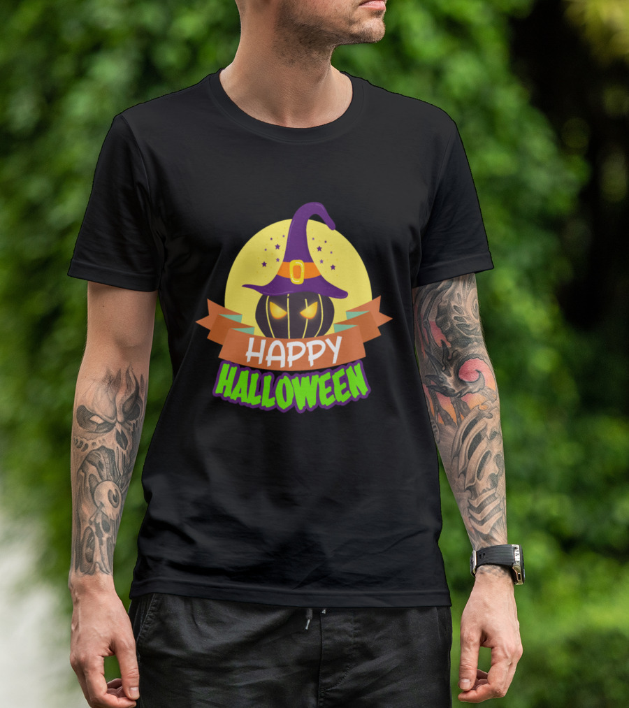 Happy Halloween Pumpkin Witch Hat With Scary Stars T-Shirt