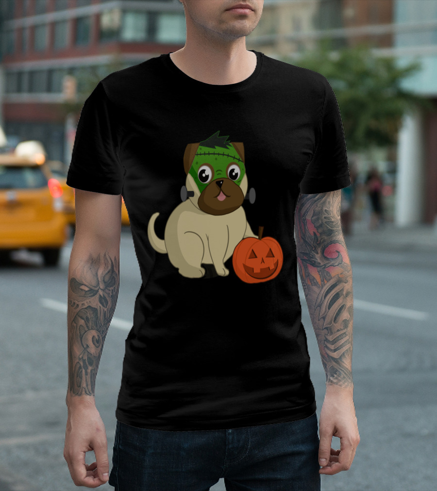 Funny Halloween Pug Frankenstein Pumpkin Dog T-Shirt