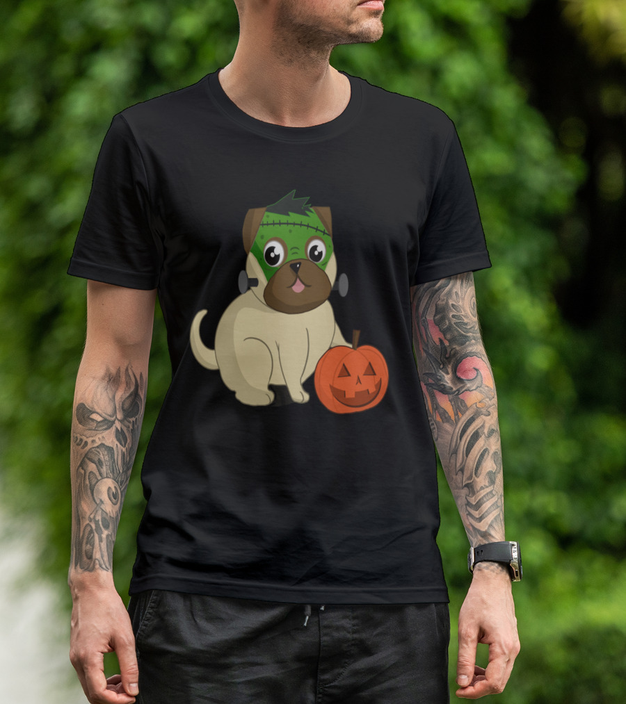 Funny Halloween Pug Frankenstein Pumpkin Dog T-Shirt