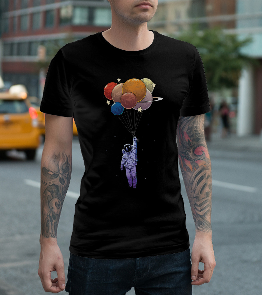 Amstrong Astronaut with Planet Balloons Floating in Space T-Shirt
