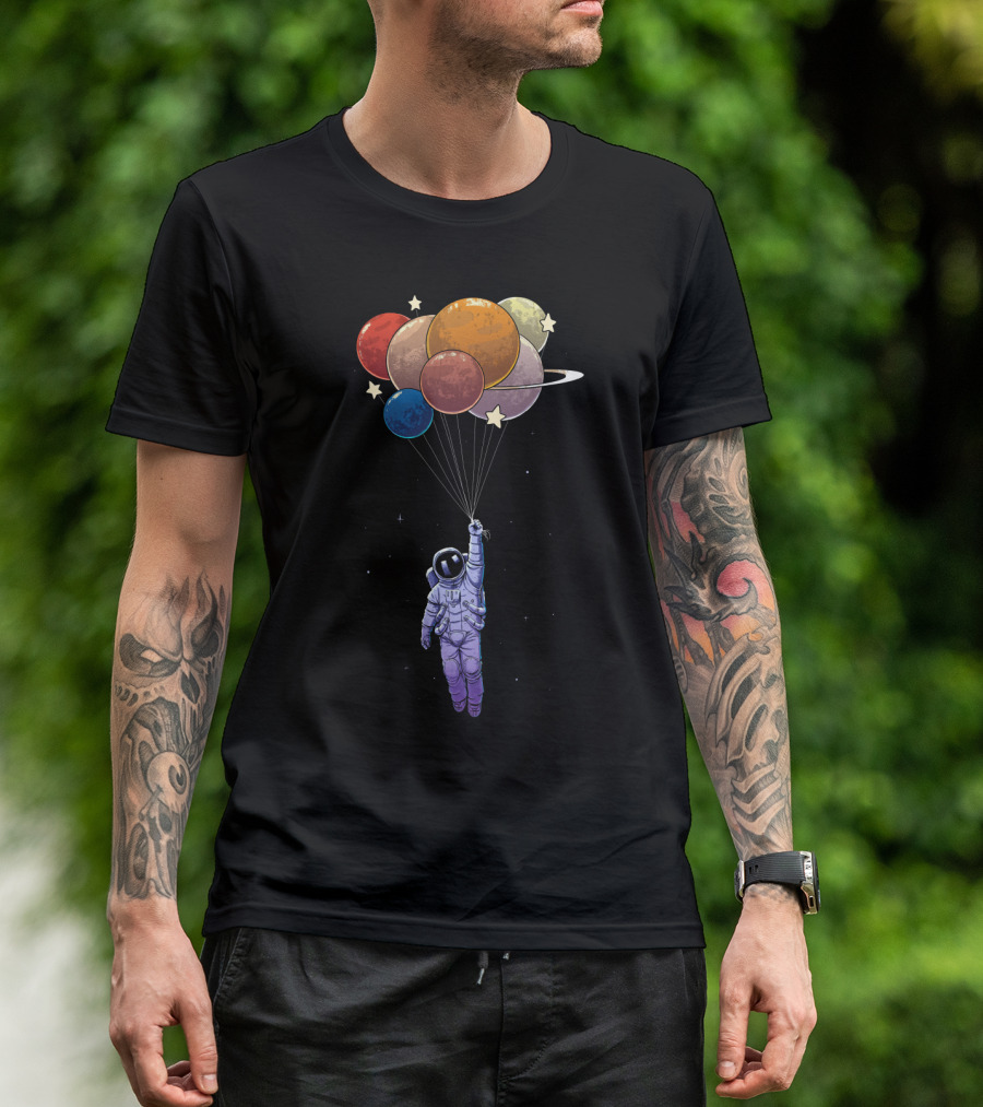 Amstrong Astronaut With Planet Balloons Floating In Space T-Shirt