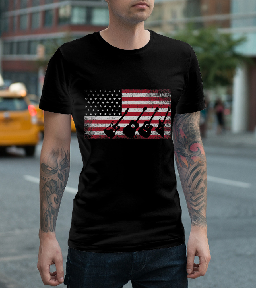 USA Flag with Guitars July 4th Music T-Shirt