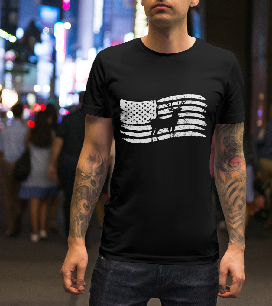 American Flag With Deer Buck Silhouette For Hunters T-Shirt
