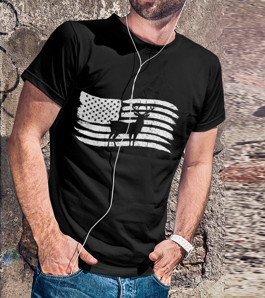 American Flag With Deer Buck Silhouette For Hunters T-Shirt