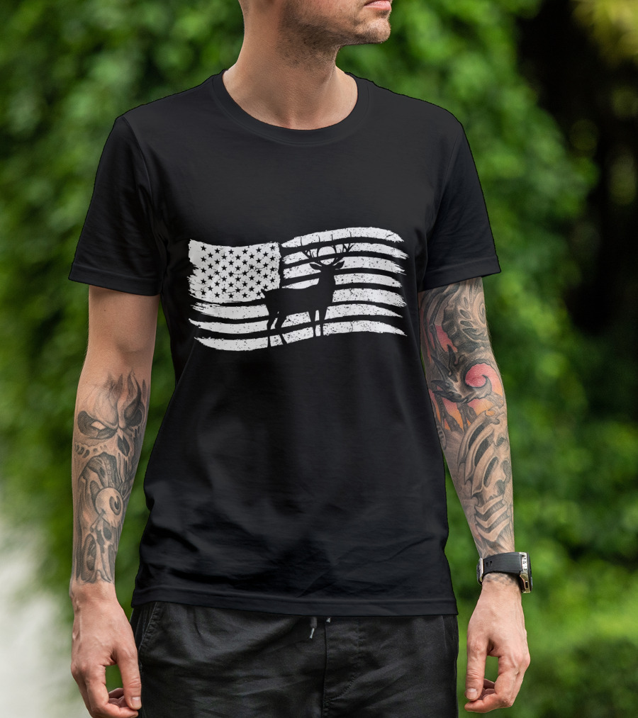 American Flag With Deer Buck Silhouette For Hunters T-Shirt