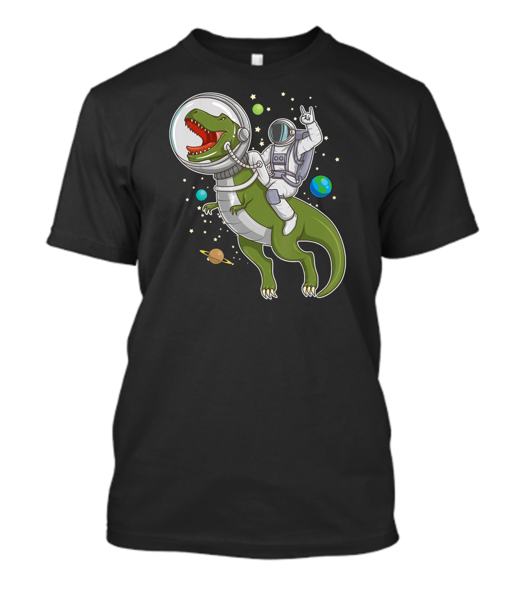 Astronaut On T-Rex Dinosaur In Space With Planets And Stars T-Shirt