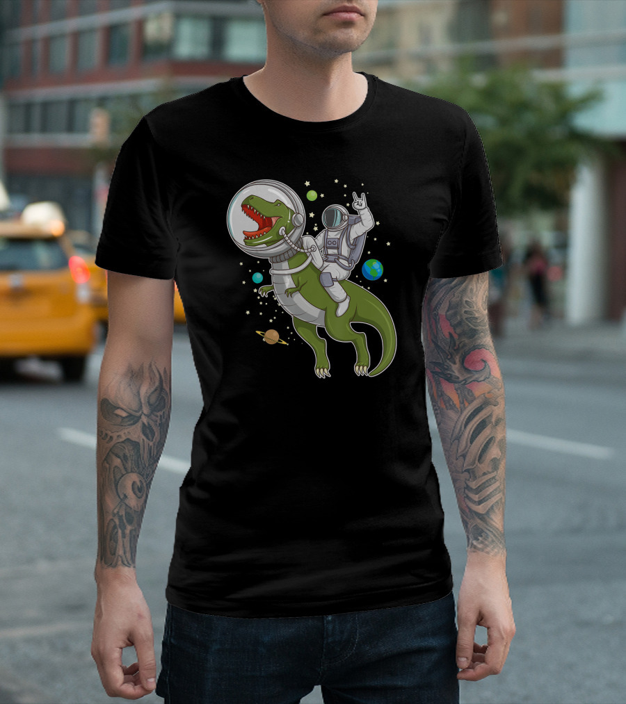 Astronaut On T-Rex Dinosaur In Space With Planets And Stars T-Shirt