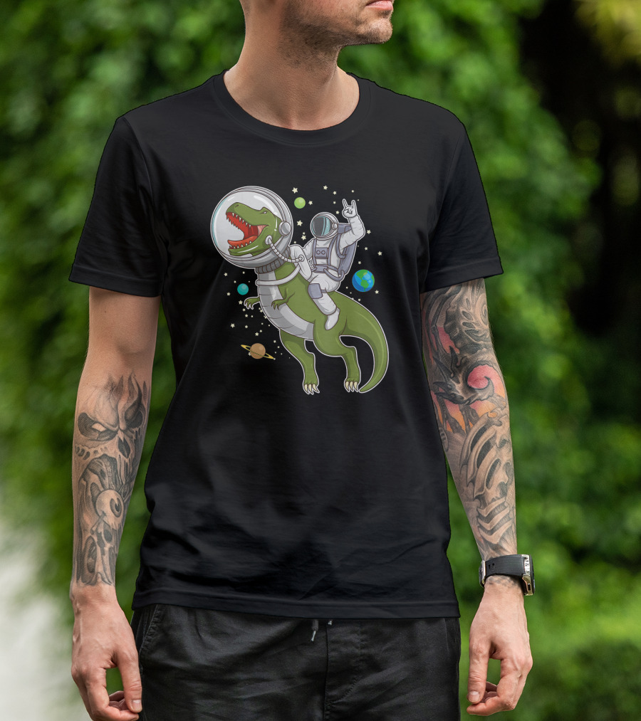 Astronaut On T-Rex Dinosaur In Space With Planets And Stars T-Shirt