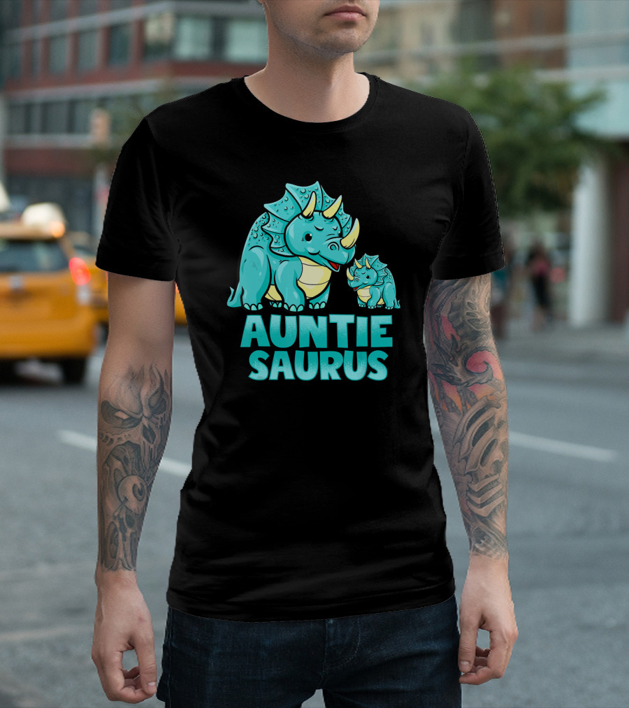 Auntie Saurus Blue Dinosaur Cartoon With Horns T-Shirt
