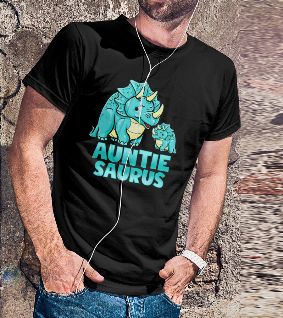 Auntie Saurus Blue Dinosaur Cartoon With Horns T-Shirt