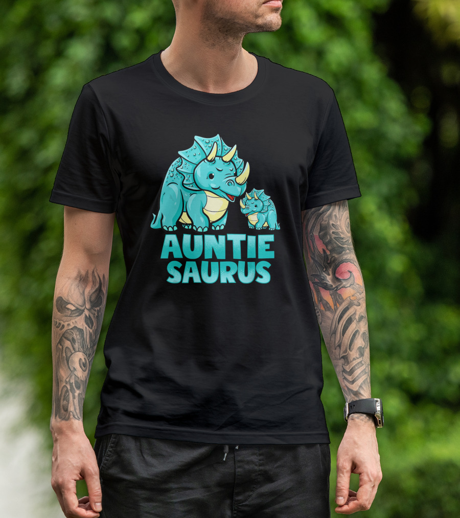 Auntie Saurus Blue Dinosaur Cartoon With Horns T-Shirt
