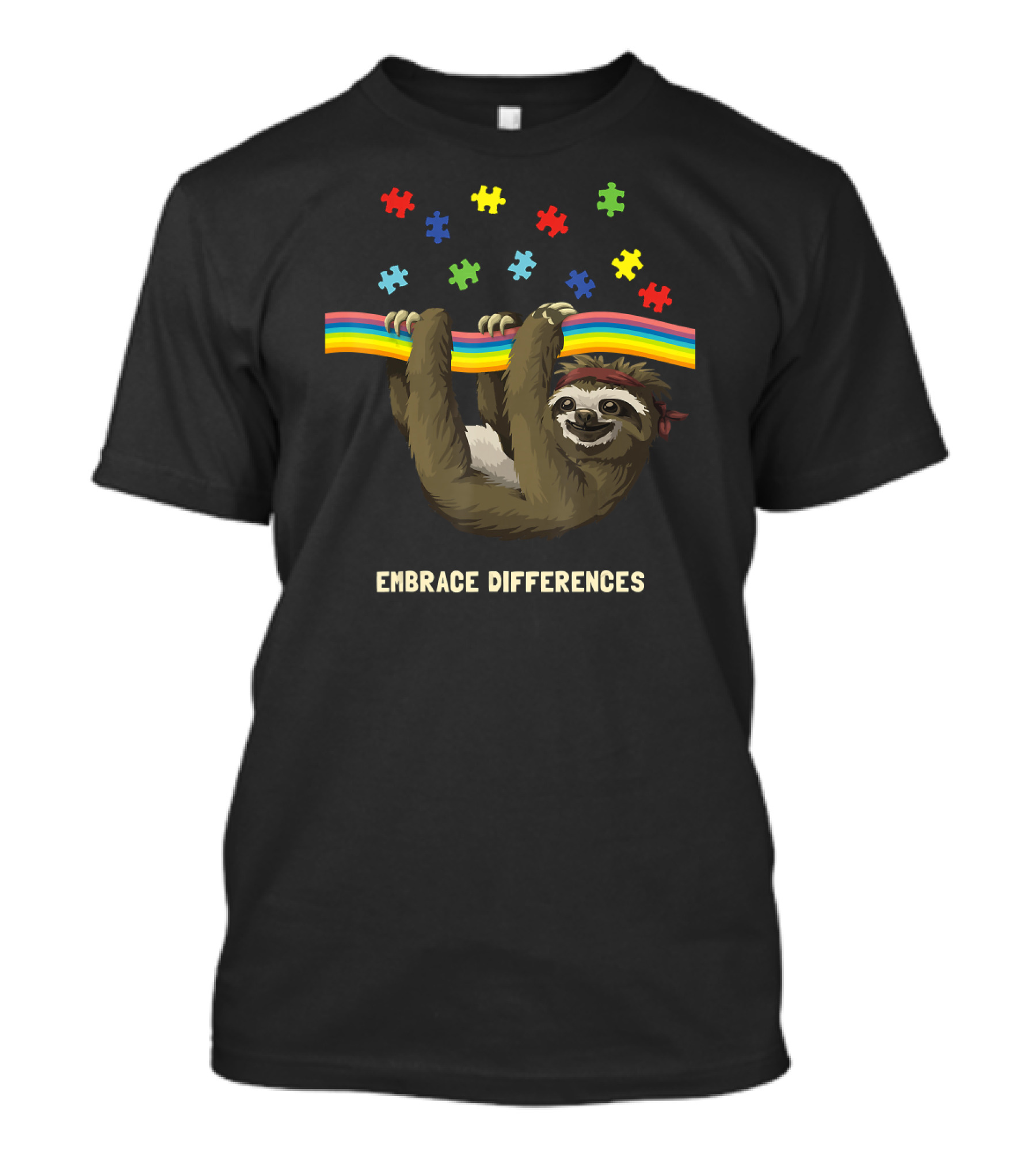 Embrace Differences Autism Awareness Sloth Puzzle Rainbow T-Shirt