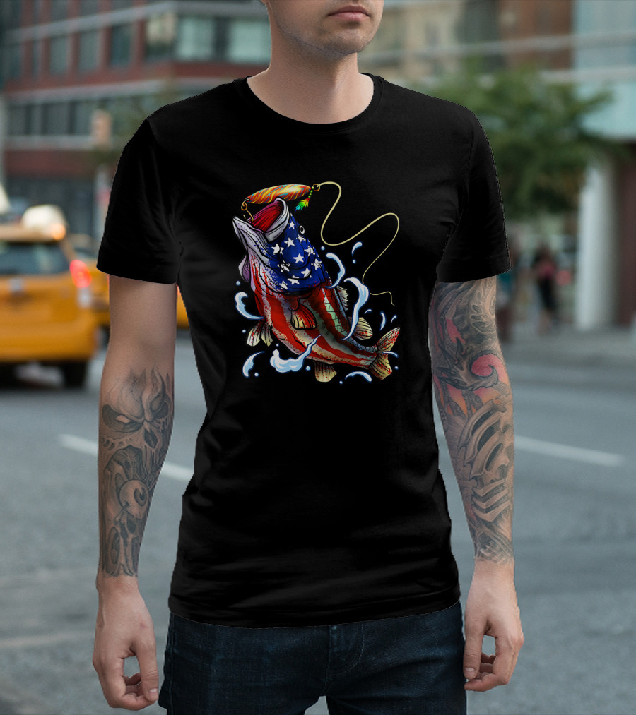 Patriotic Bass Fishing Angler Dad Father American Flag Fish T-Shirt