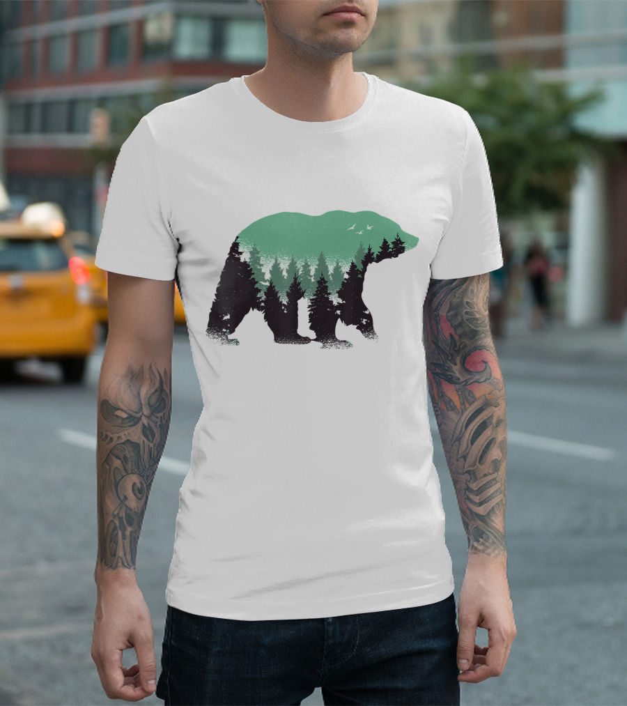Bear Forest Silhouette with Birds and Trees T-Shirt