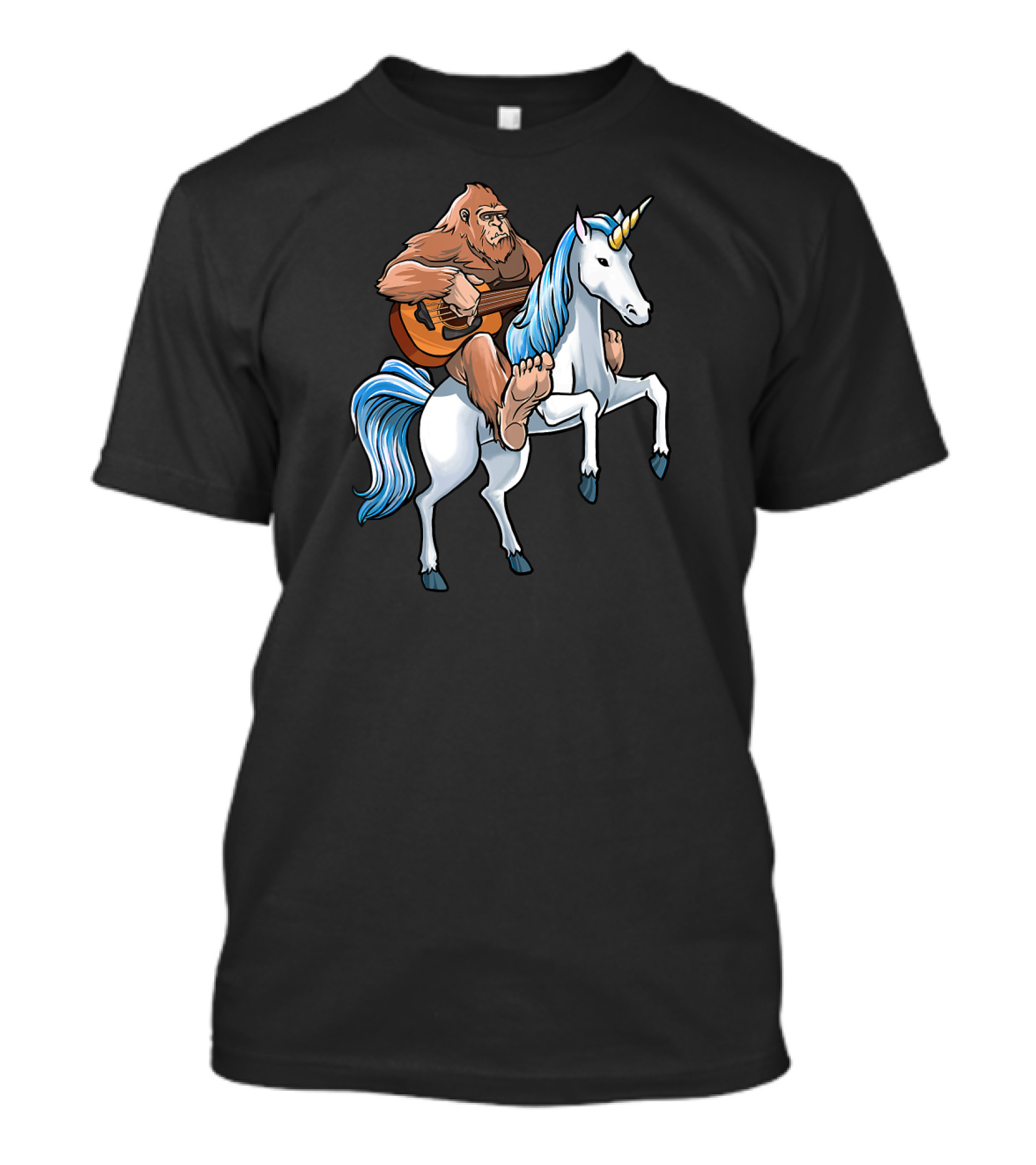 Bigfoot Playing Guitar While Riding Unicorn T-Shirt