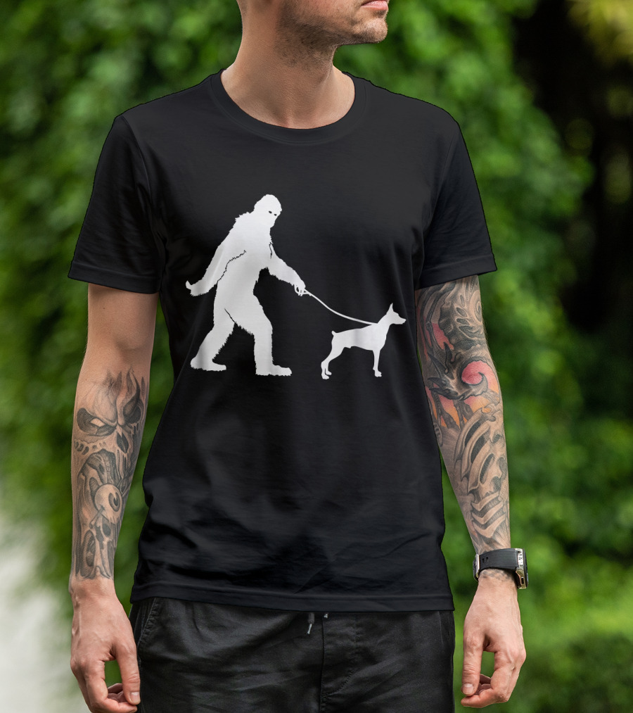 Bigfoot Sasquatch Walking Doberman Dog T-Shirt