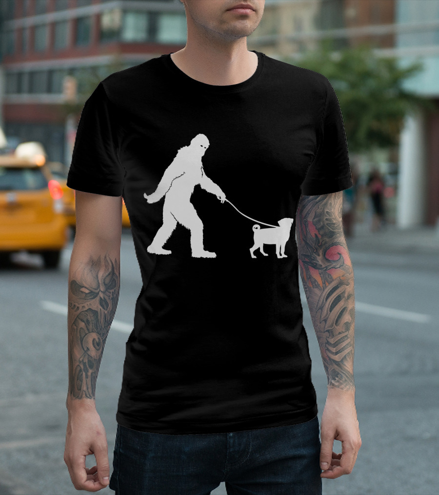 Bigfoot Sasquatch Walking Pug Dog Lovers T-Shirt