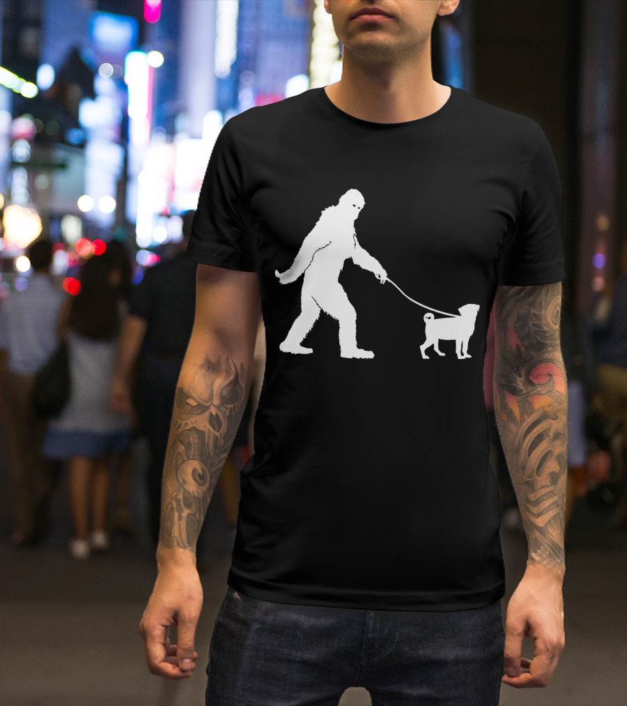 Bigfoot Sasquatch Walking Pug Dog Lovers T-Shirt