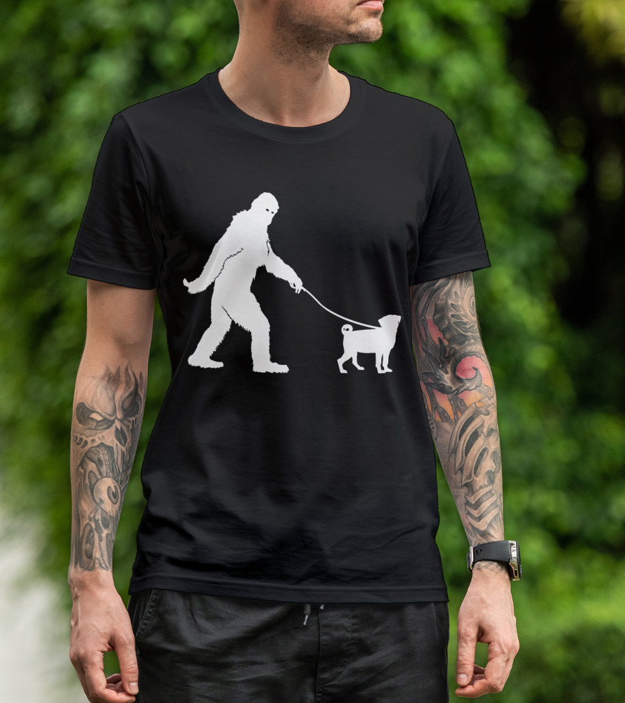 Bigfoot Sasquatch Walking Pug Dog Lovers T-Shirt