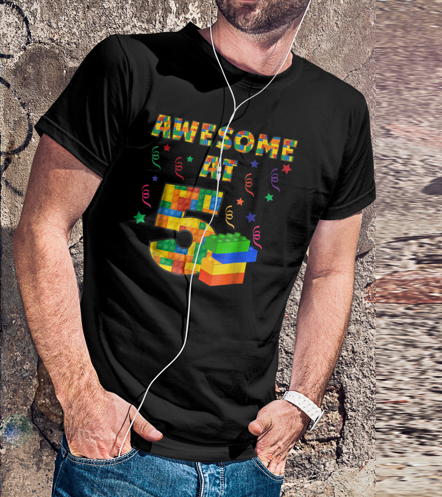 Awesome At 5 Building Bloc Birthday T-Shirt