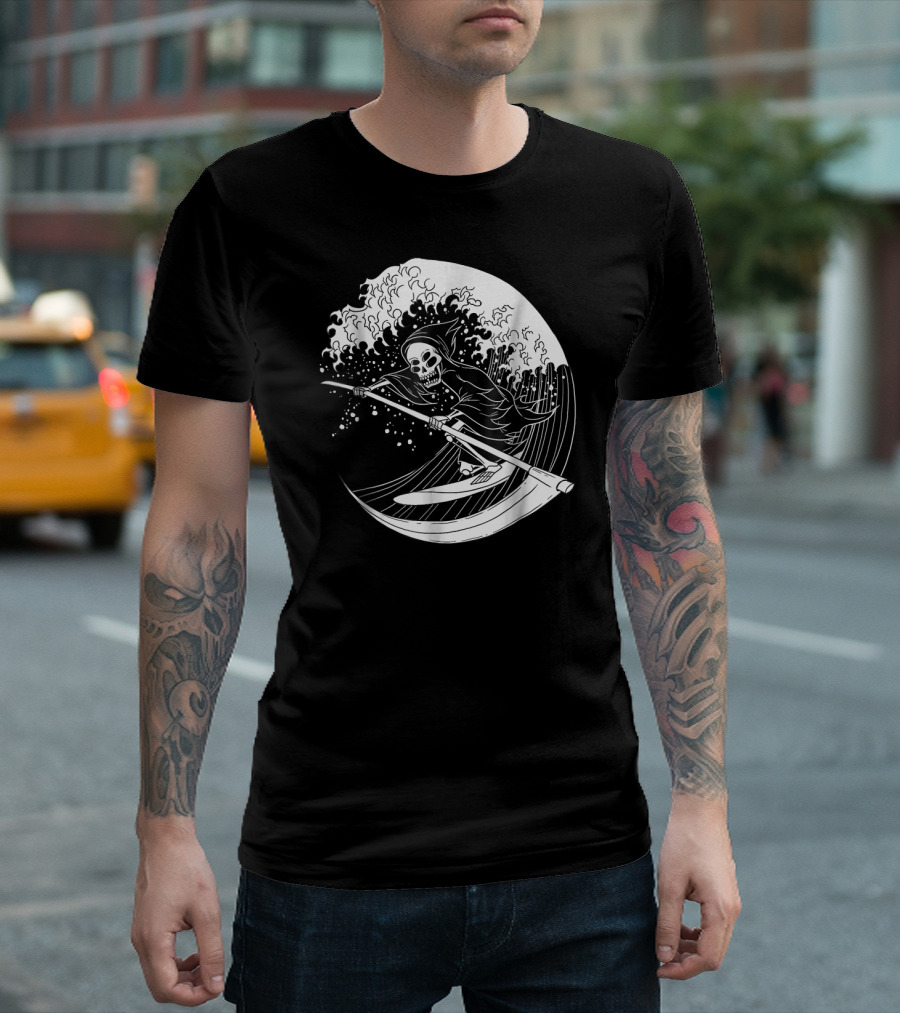 Blackcraft Grim Reaper Riding The Great Wave On Scythe Surfboard T-Shirt