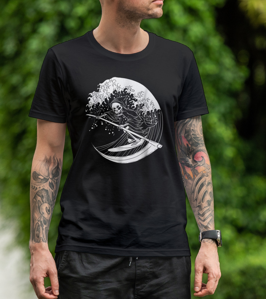 Blackcraft Grim Reaper Riding The Great Wave On Scythe Surfboard T-Shirt