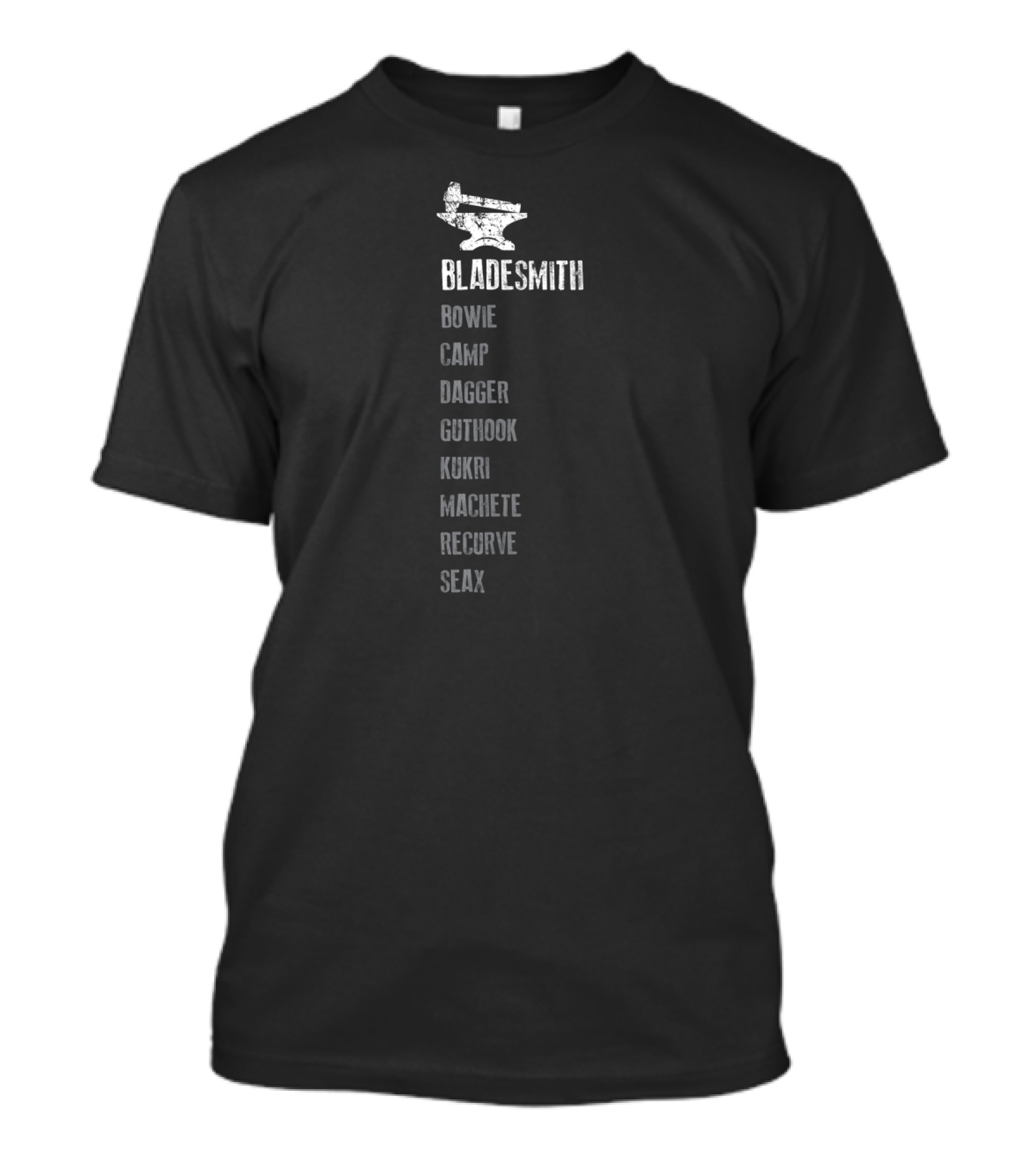 Bladesmith Bowie Camp Dagger Guthook Kukri Machete Recurve Seax Knife Types List T-Shirt