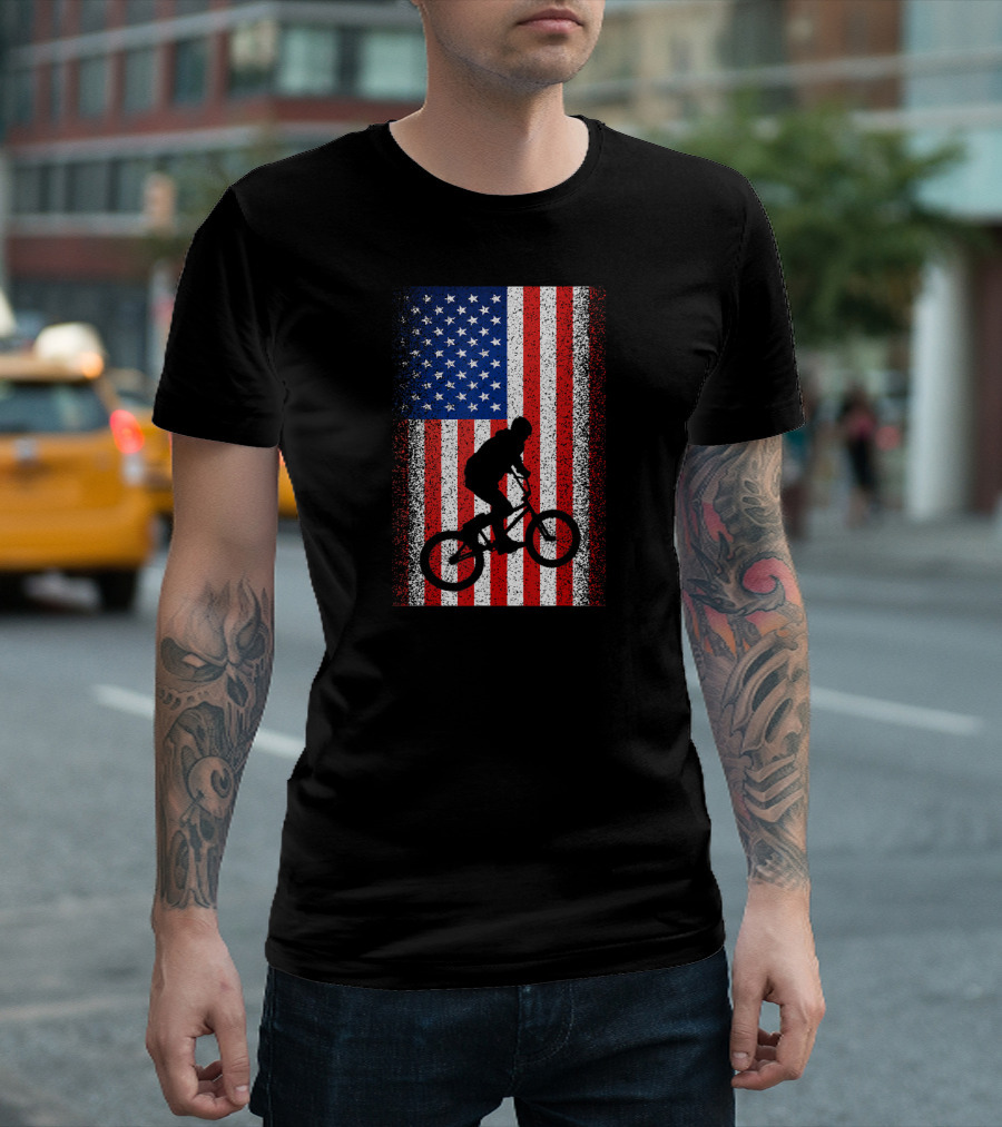 BMX Bike Silhouette On American Flag For 4th Of July T-Shirt