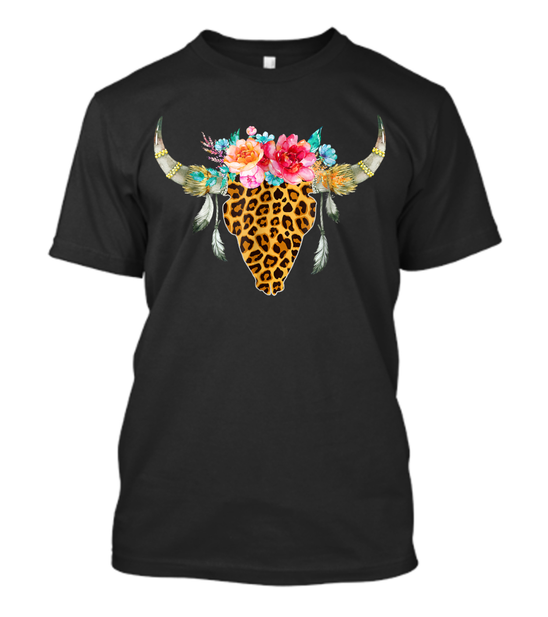 Boho Leopard Bull Skull Floral Feather Trib Blossoms Horns T-Shirt