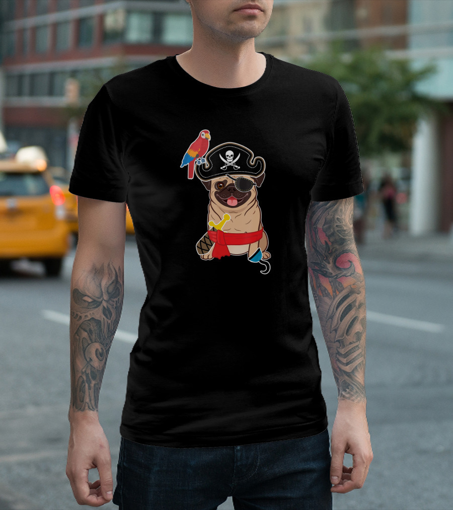 Boy Kid Son Pug Pirate Hook Eyepatch Parrot Skull Crossbones Hat T-Shirt