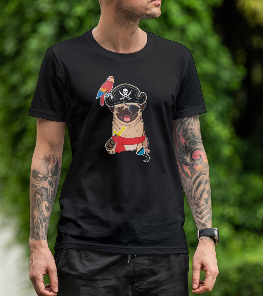 Boy Kid Son Pug Pirate Hook Eyepatch Parrot Skull Crossbones Hat T-Shirt