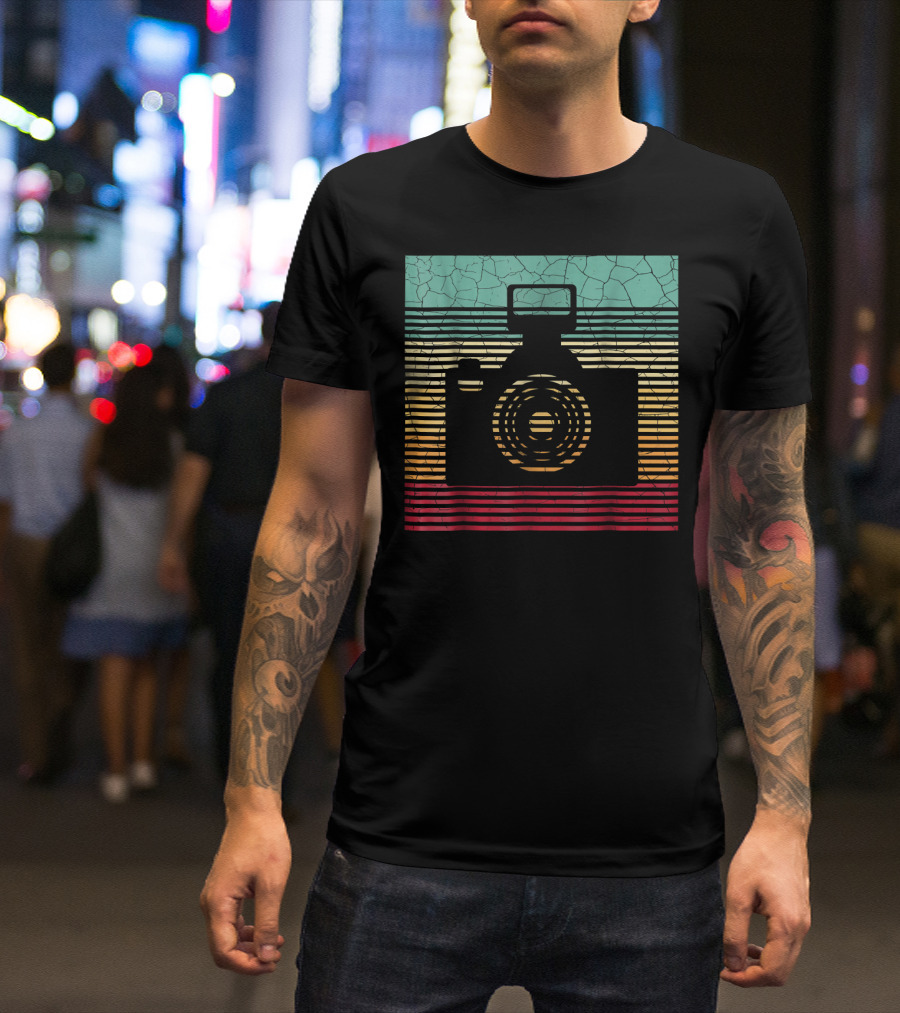 Vintage Camera Photography Retro Stripes T-Shirt