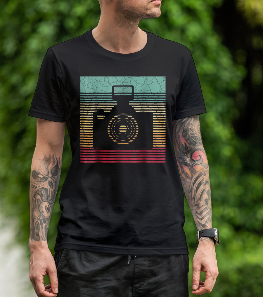 Vintage Camera Photography Retro Stripes T-Shirt