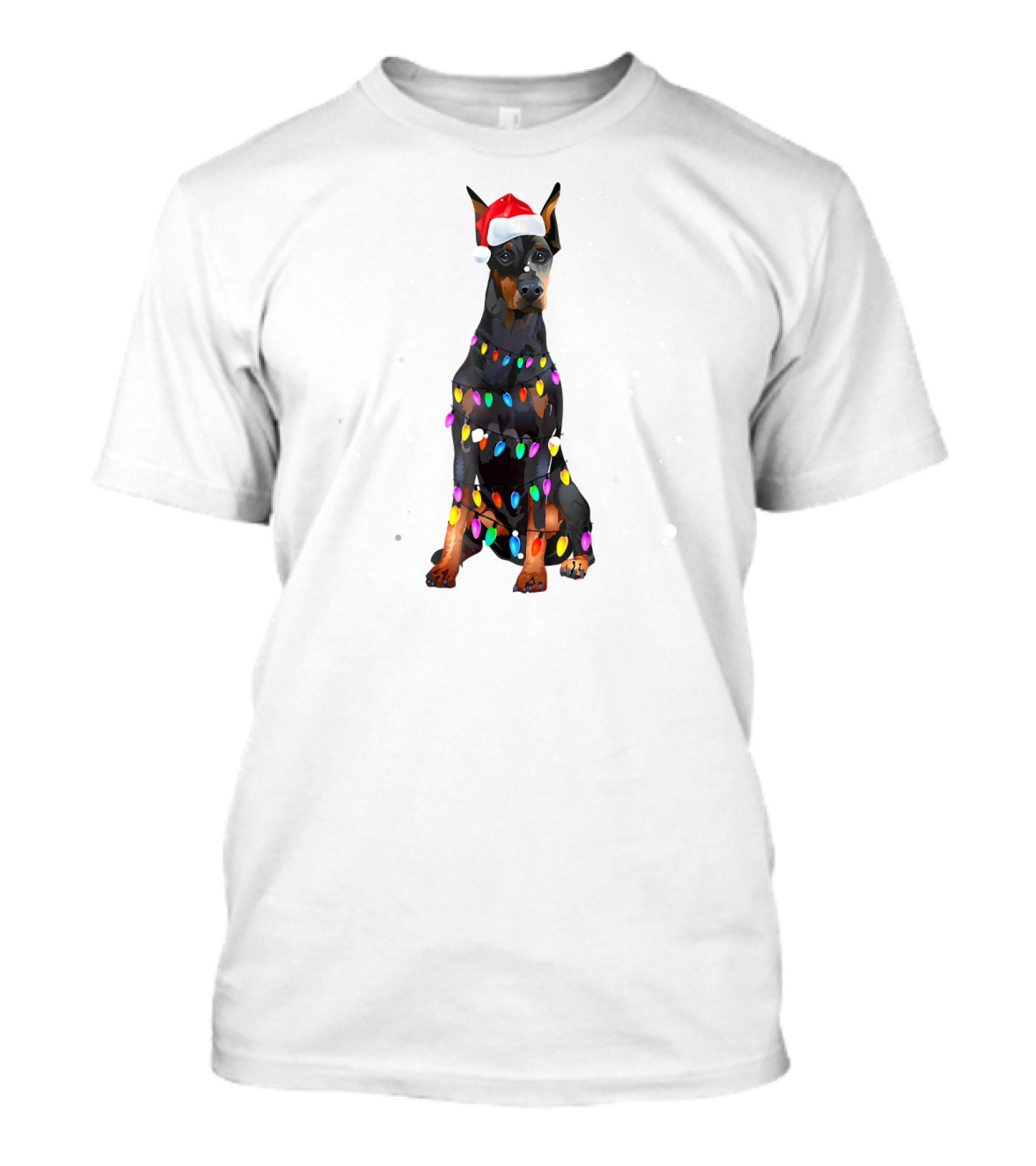 Doberman Wrapped In Christmas Lights And Santa Hat T-Shirt