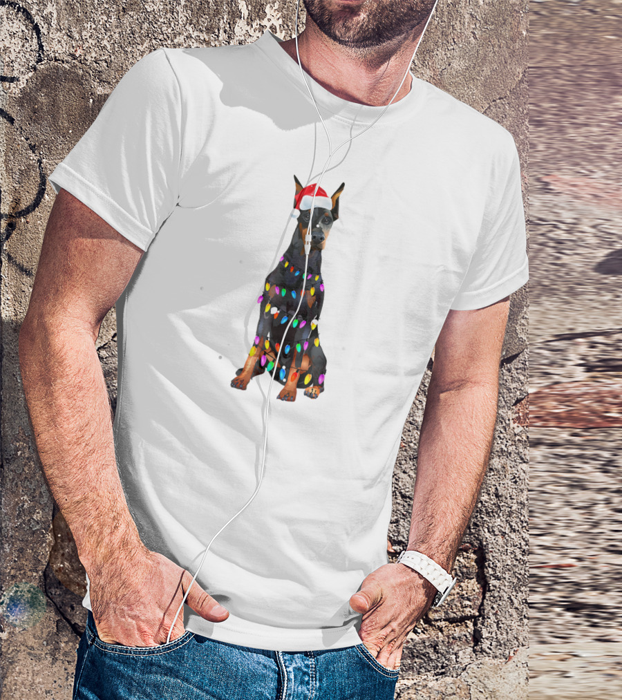 Doberman Wrapped In Christmas Lights And Santa Hat T-Shirt