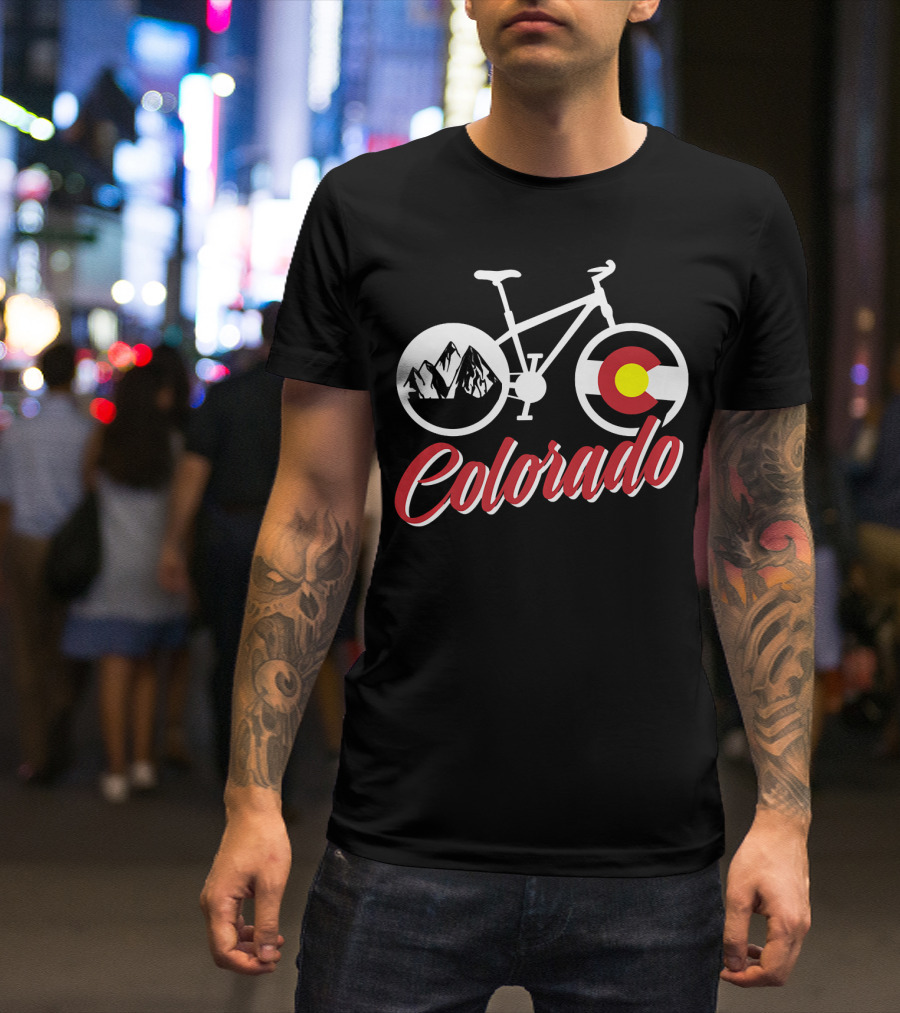 Colorado Bicycle With Mountain Peaks And State Flag Elements T-Shirt