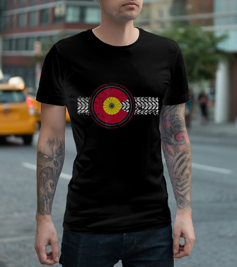 Colorado Bike Flag With Mountain Biking Wheel And Tire Tracks T-Shirt