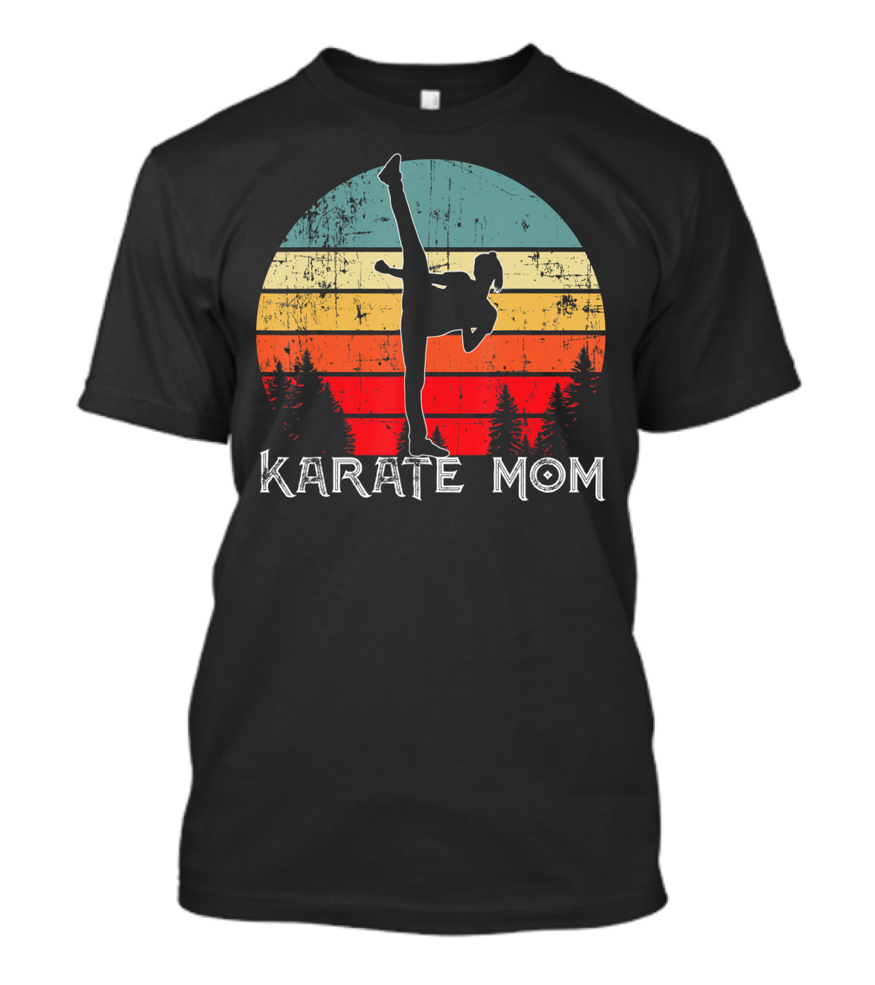 Retro Karate Mom Kick Silhouette Vintage Stripes T-Shirt