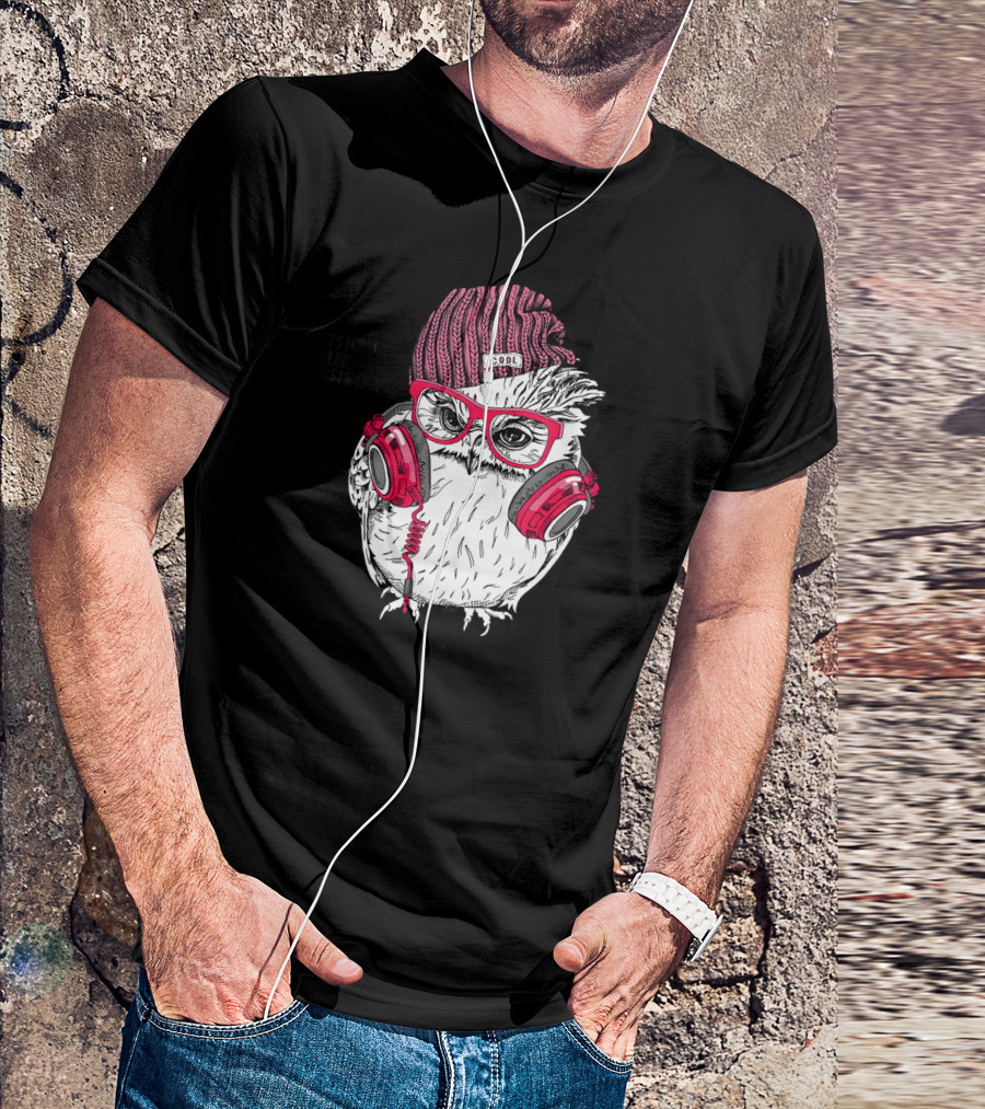 Cool Owl With Headphones Beanie Glasses Music Escape Bird Lovers T-Shirt