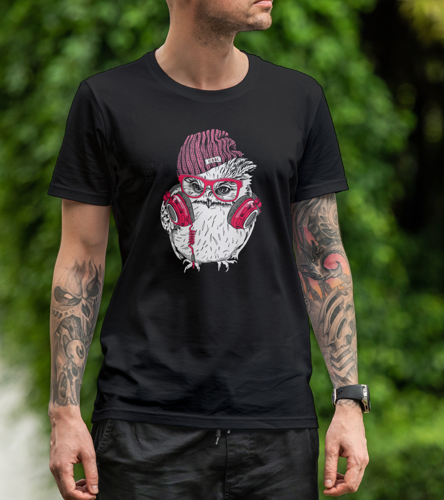 Cool Owl With Headphones Beanie Glasses Music Escape Bird Lovers T-Shirt