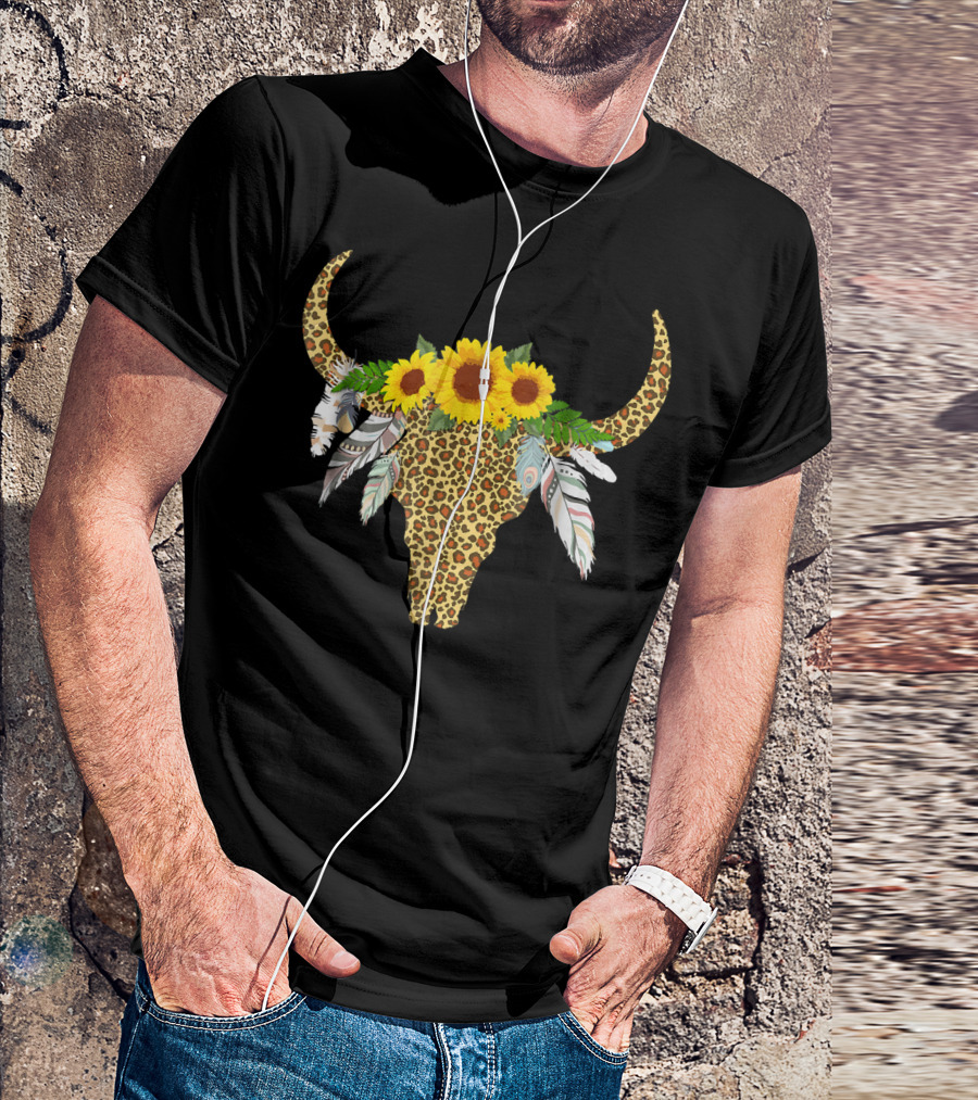 Leopard Print Bull Skull With Sunflowers And Feathers T-Shirt