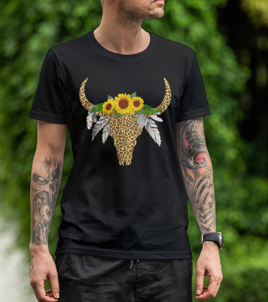 Leopard Print Bull Skull With Sunflowers And Feathers T-Shirt
